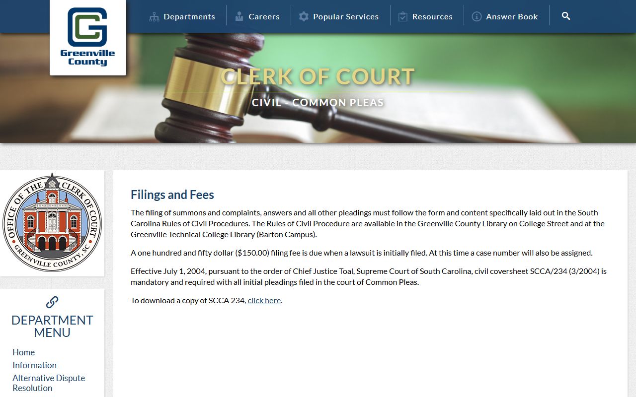 Greenville County Clerk of Court Common Pleas filing rules and $150 civil filing fee page