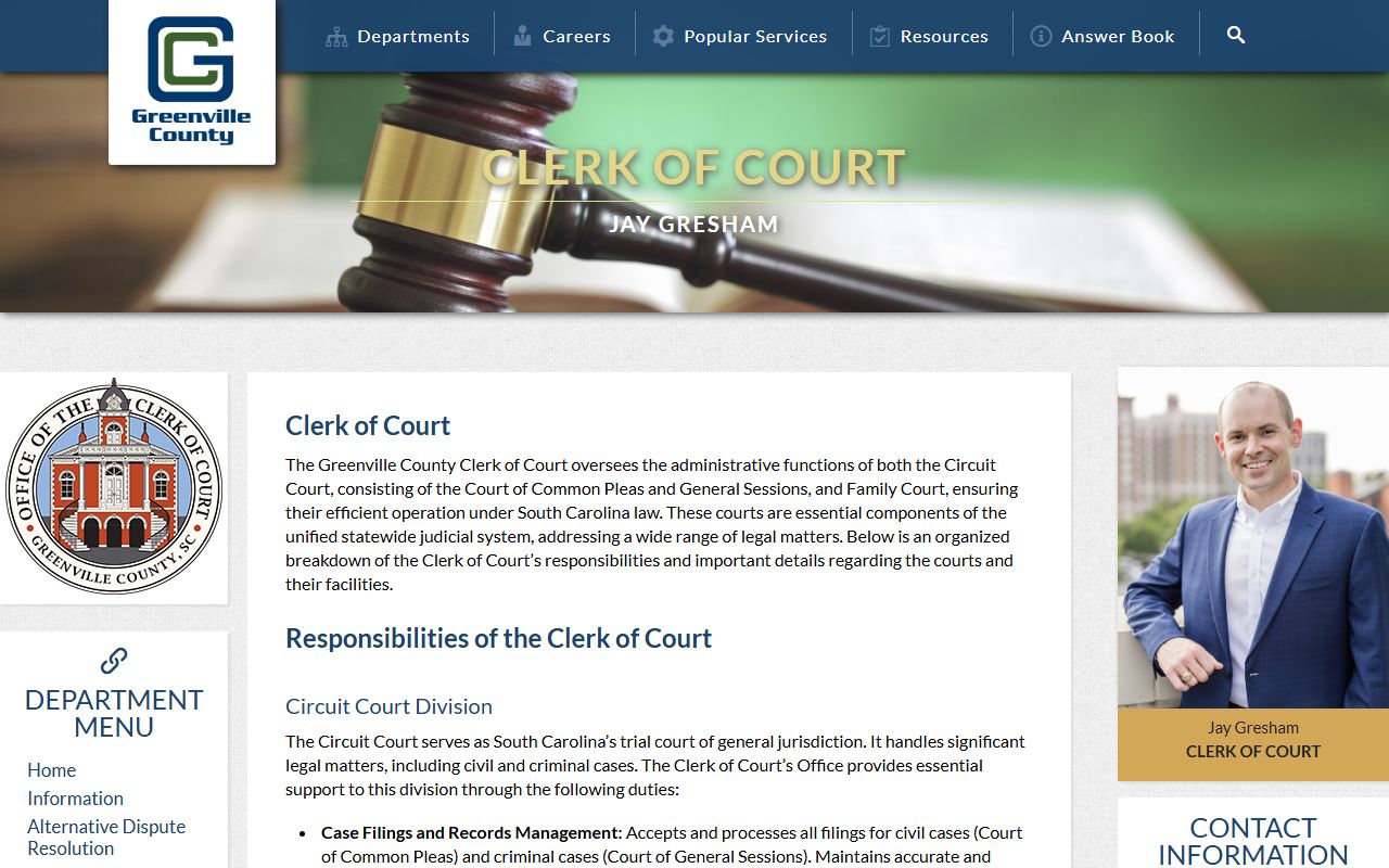 Greenville County Clerk of Court homepage for court records under Jay Gresham