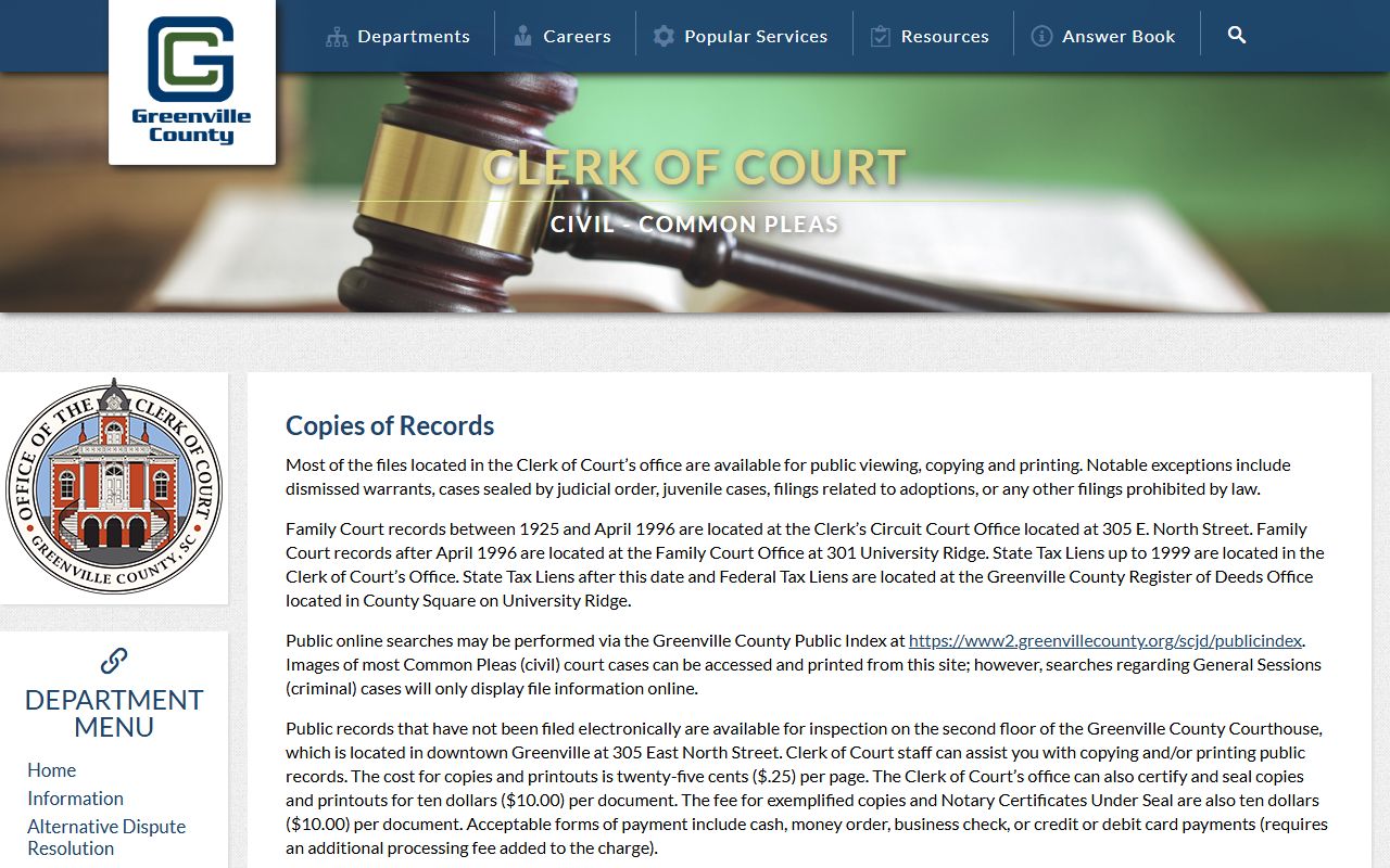 Greenville County Clerk of Court civil court records copy rules and fees page
