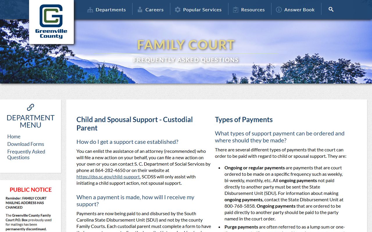Greenville County Family Court FAQ page for divorce and family court records