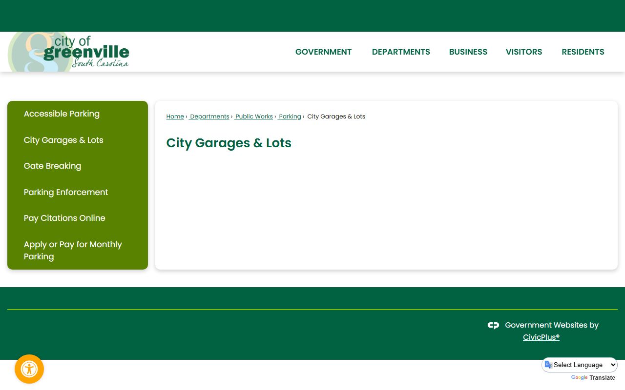 City of Greenville parking garages and lots page for county courthouse visitors
