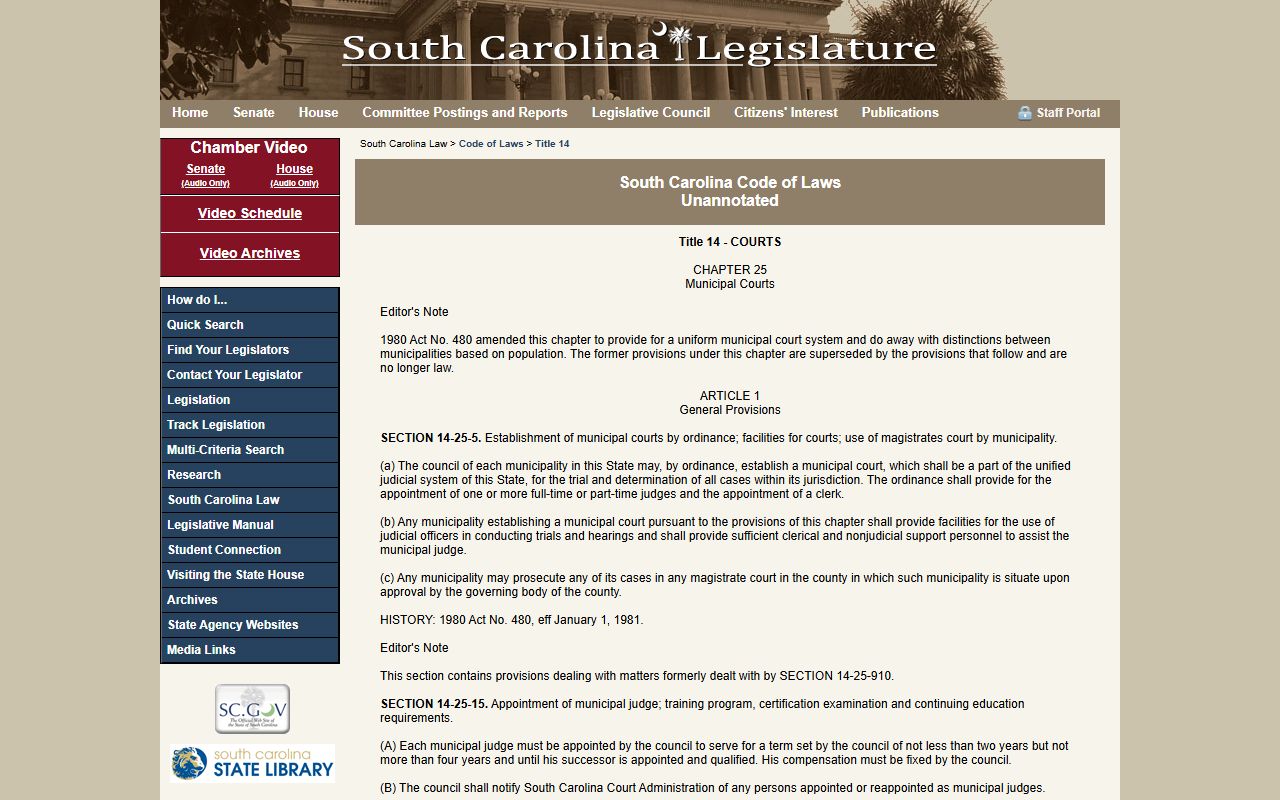 S.C. Code Title 14 Chapter 25 Municipal Courts statute behind Greenville County municipal court dockets