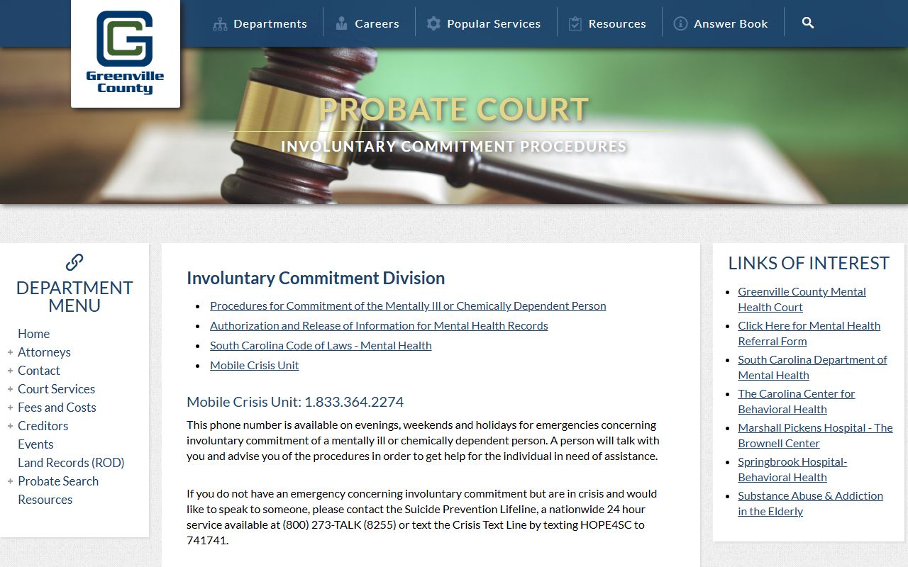 Greenville County Probate Court mental health page showing a restricted commitment docket