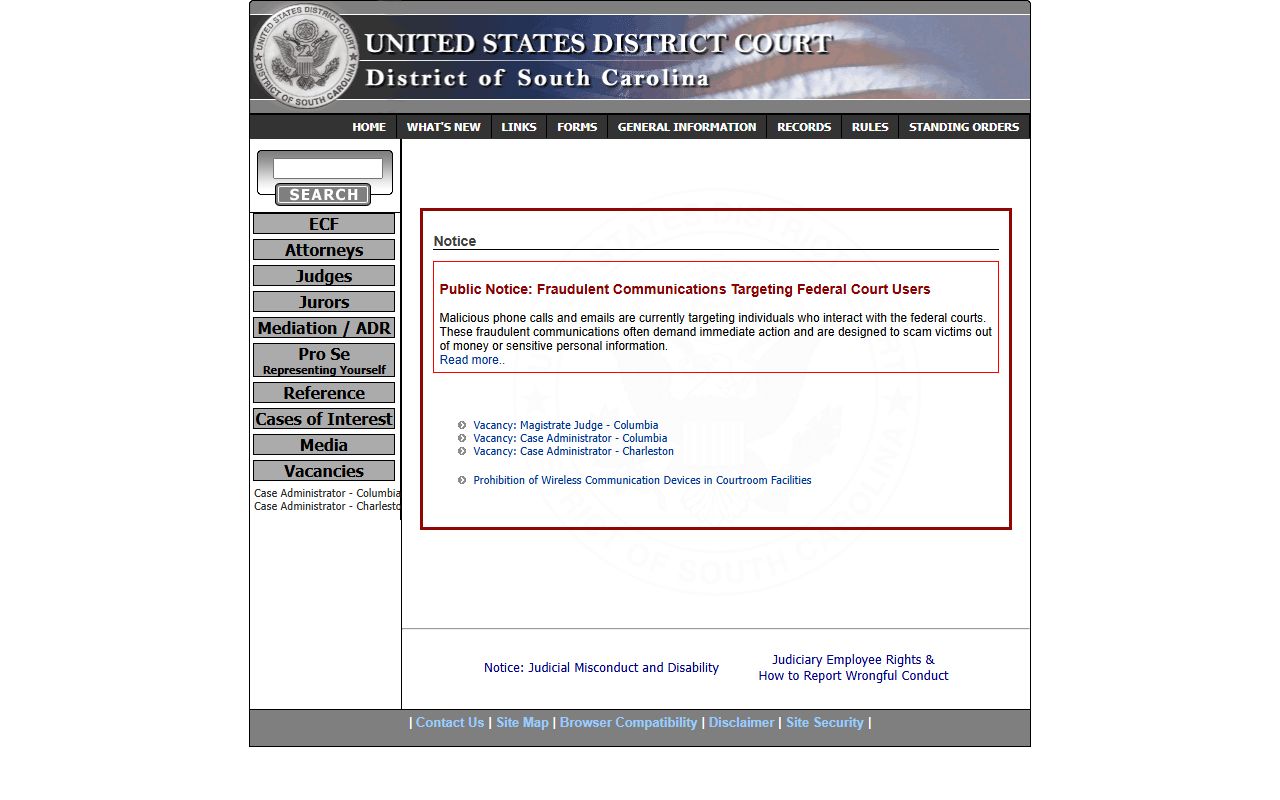 U.S. District Court for the District of South Carolina federal court records page serving Greenville County