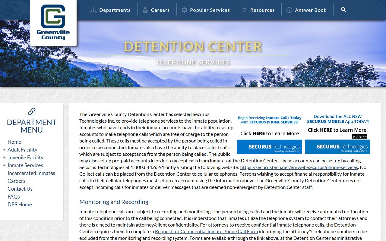 Greenville County Detention Center telephone page linked to criminal court records and inmate cases