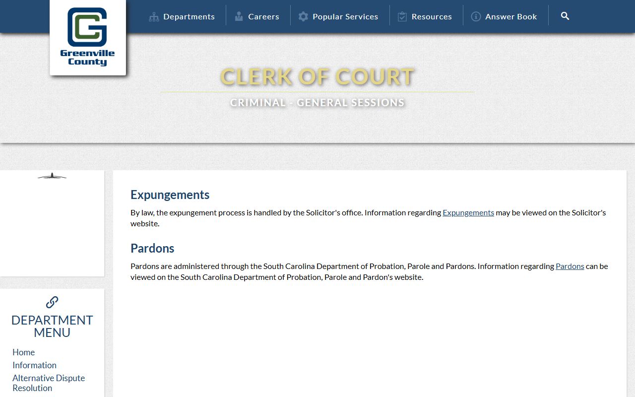 Greenville County arrest records expungement and pardon page from the Clerk of Court