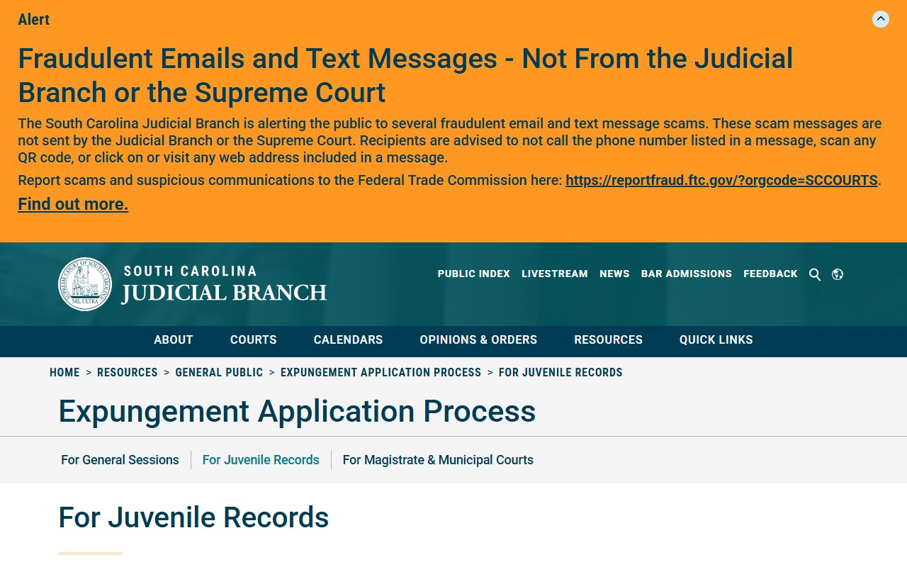 South Carolina juvenile expungement process page for Greenville County arrest records