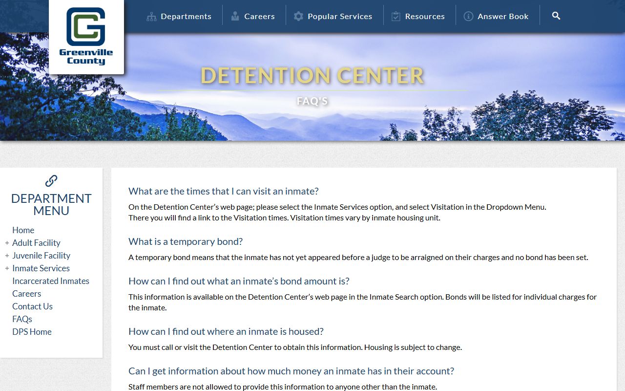Greenville County Detention Center FAQ page for inmate and bond records