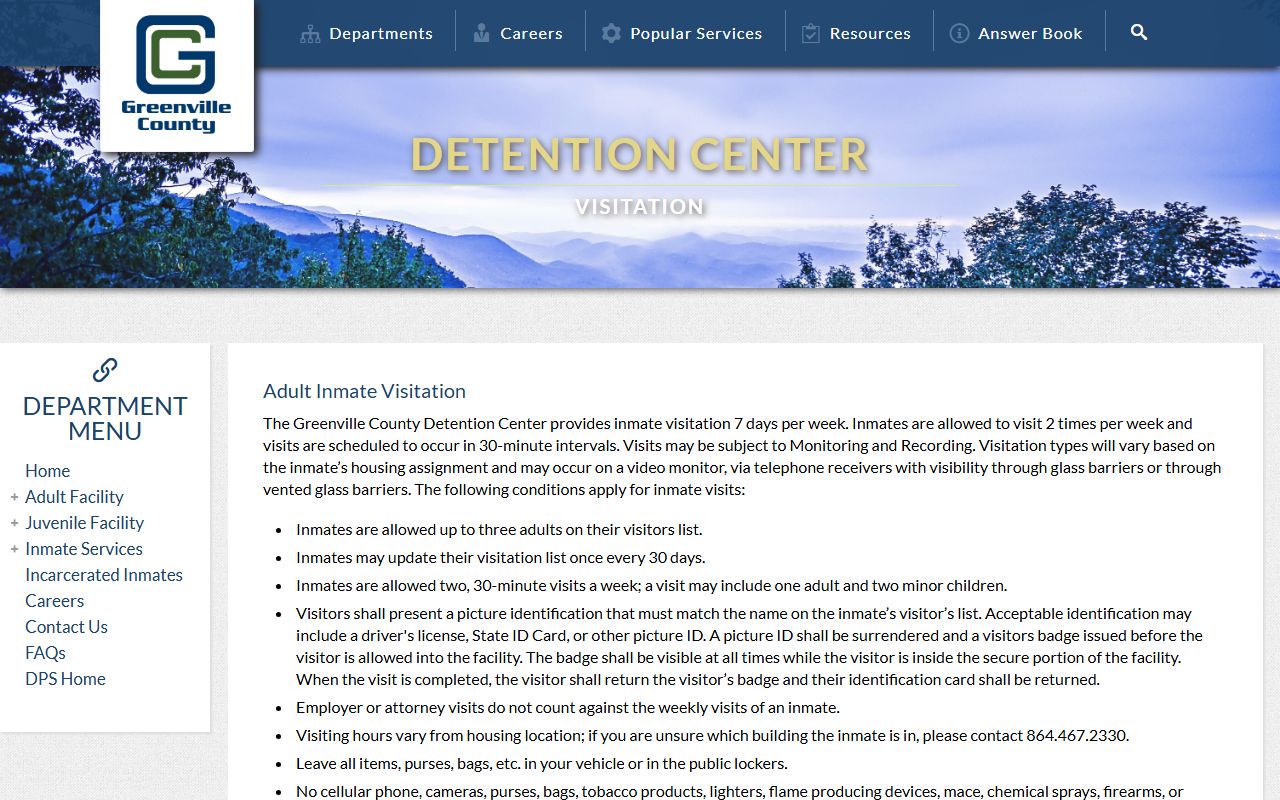 Greenville County adult inmate visitation rules for detention center records