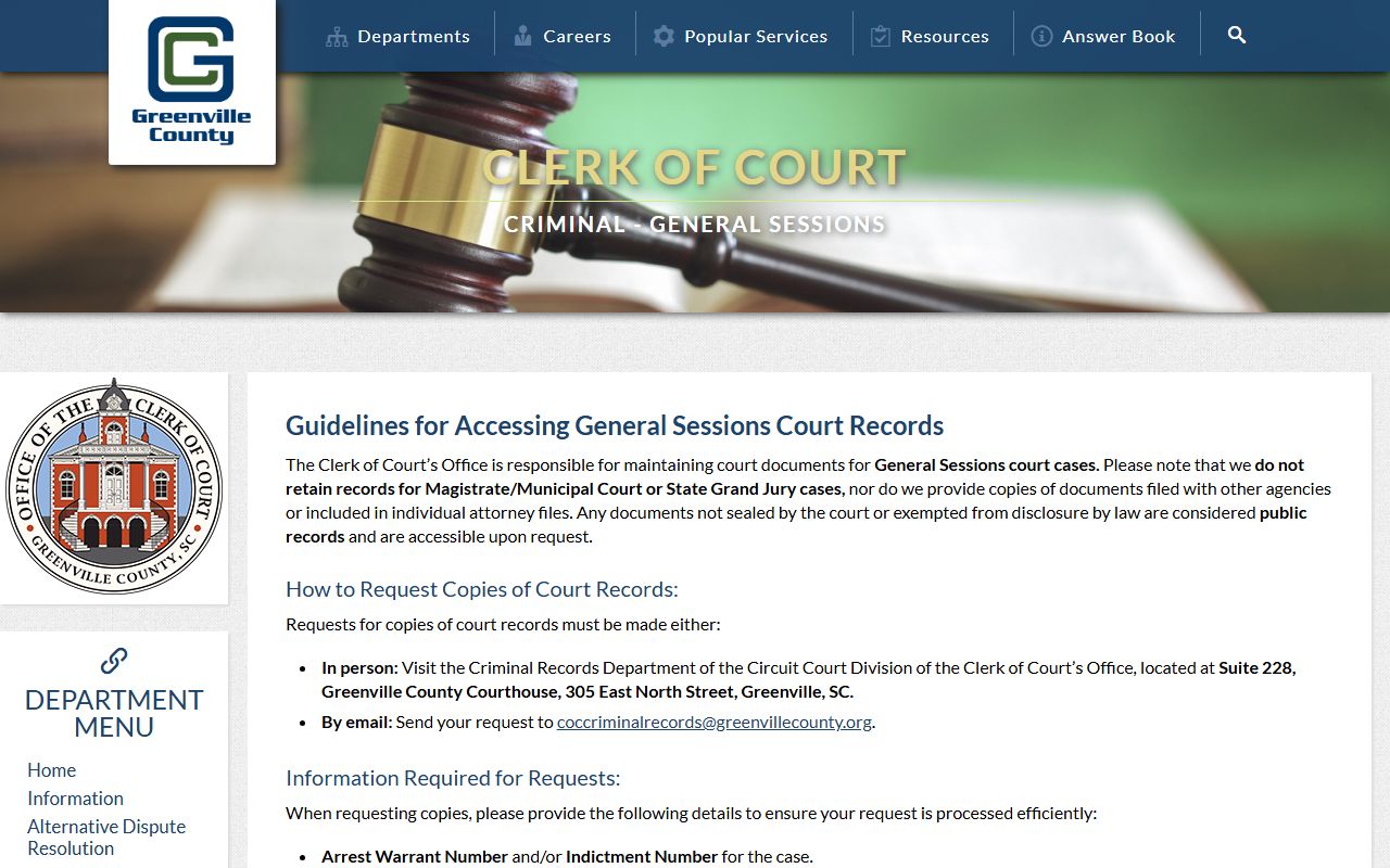 Greenville County Clerk of Court criminal records copy rules for court records requests