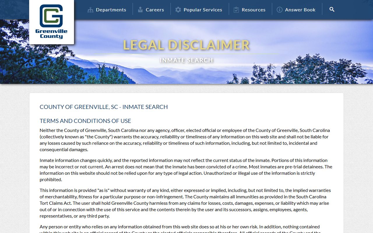 Greenville County inmate records search disclaimer page