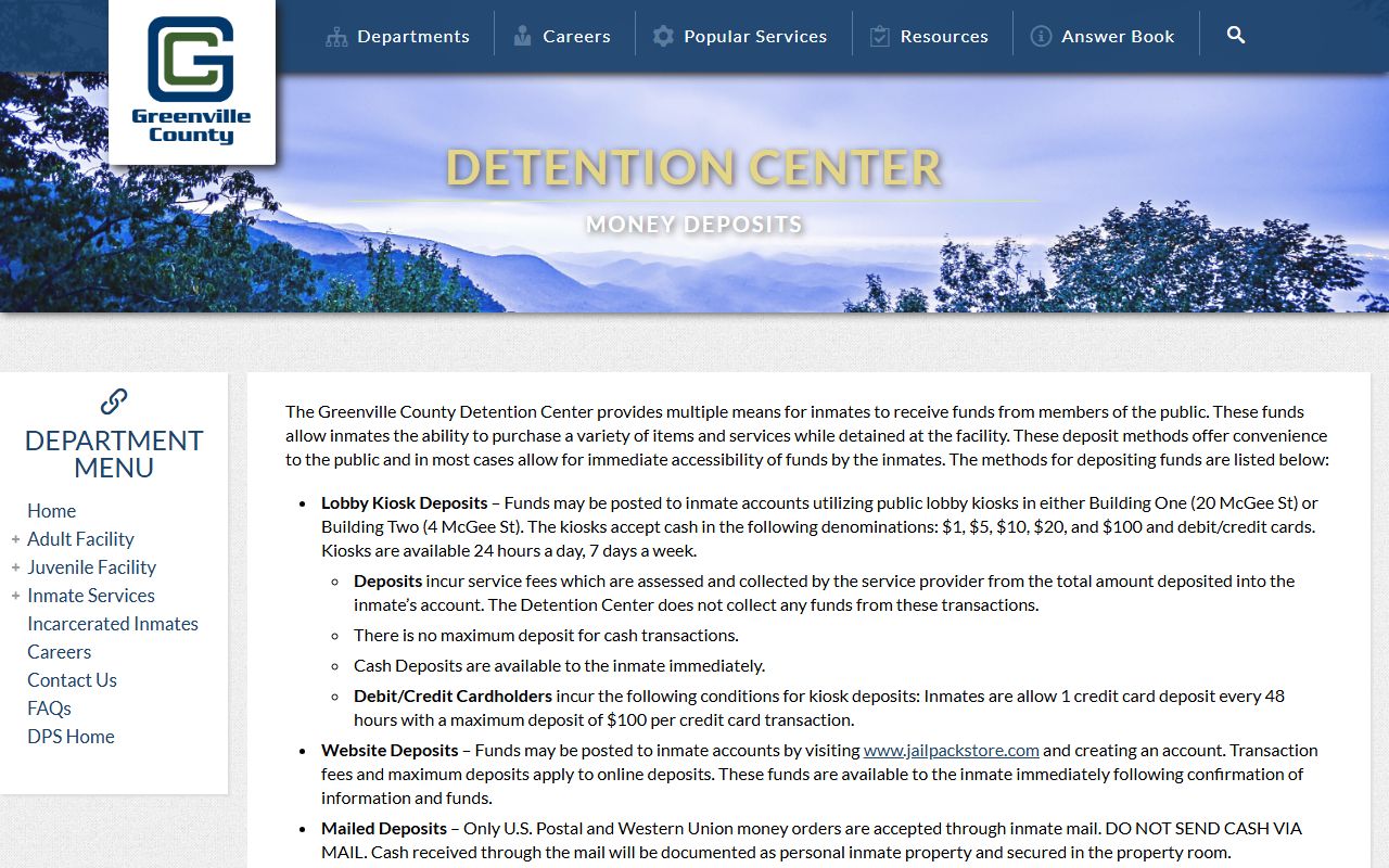 Greenville County inmate records money deposit options