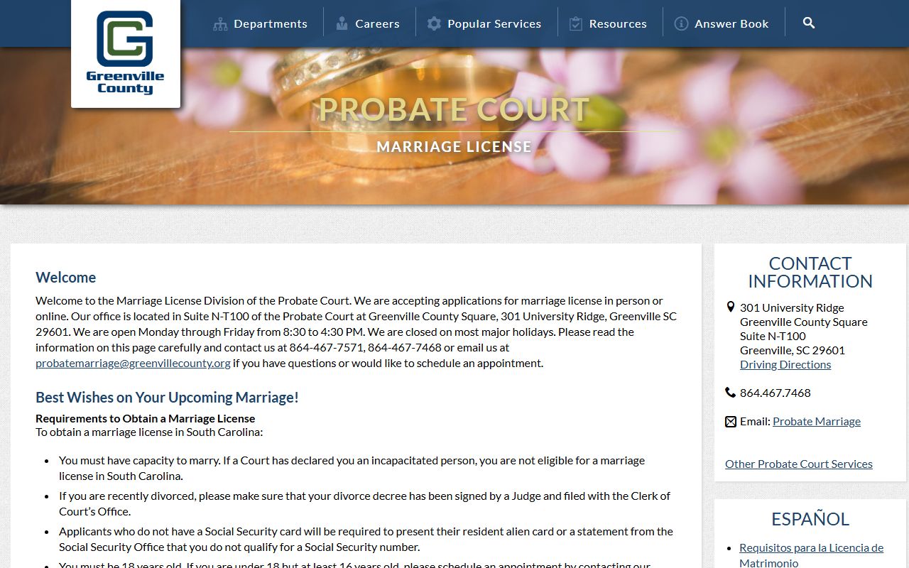 Greenville County marriage license process page for marriage and divorce records