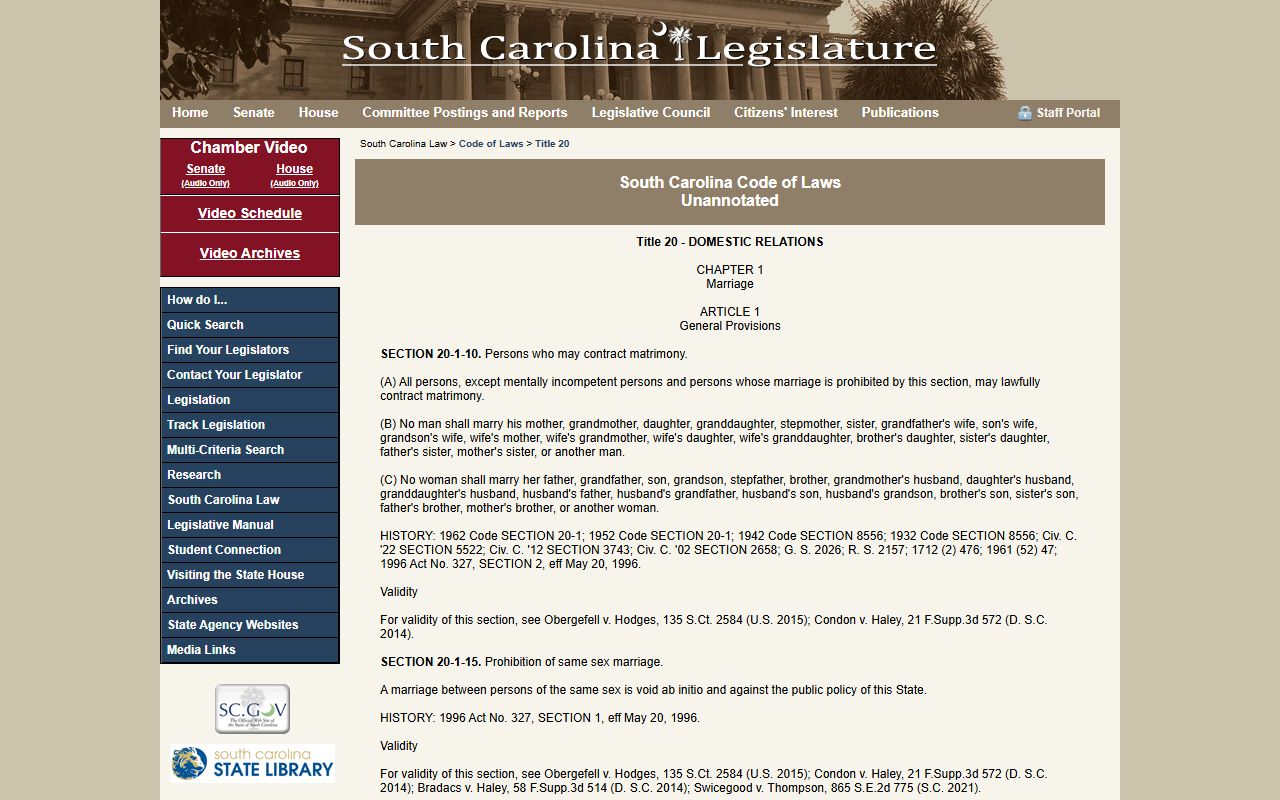 South Carolina Code Title 20 marriage statute for Greenville County marriage records