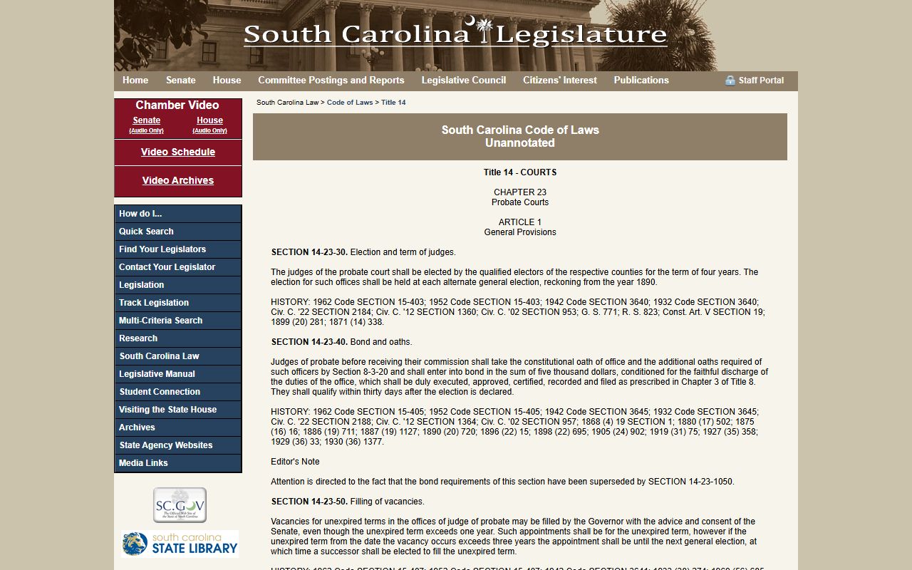 South Carolina Code Title 14 Chapter 23 probate courts statute for Greenville County probate records