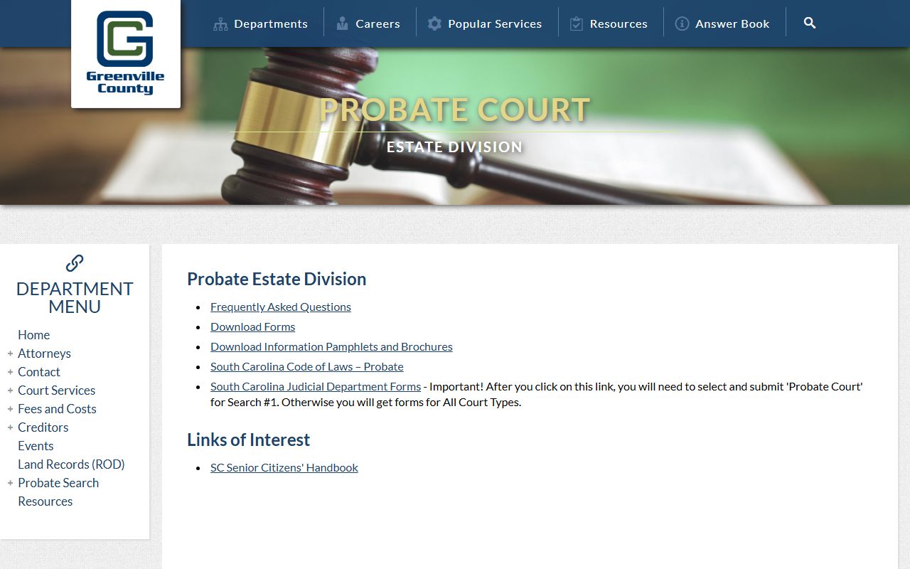 Greenville County Probate estate division page for probate records