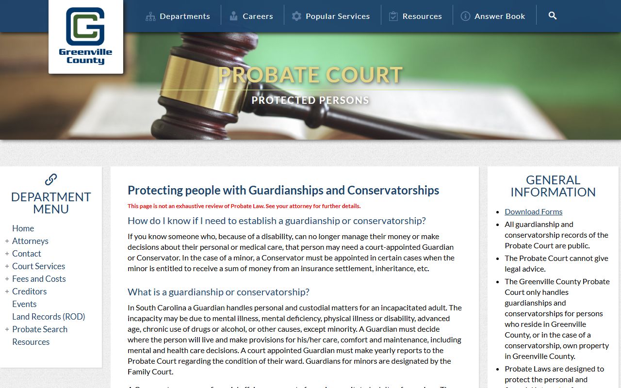 Greenville County protective proceedings page for probate records
