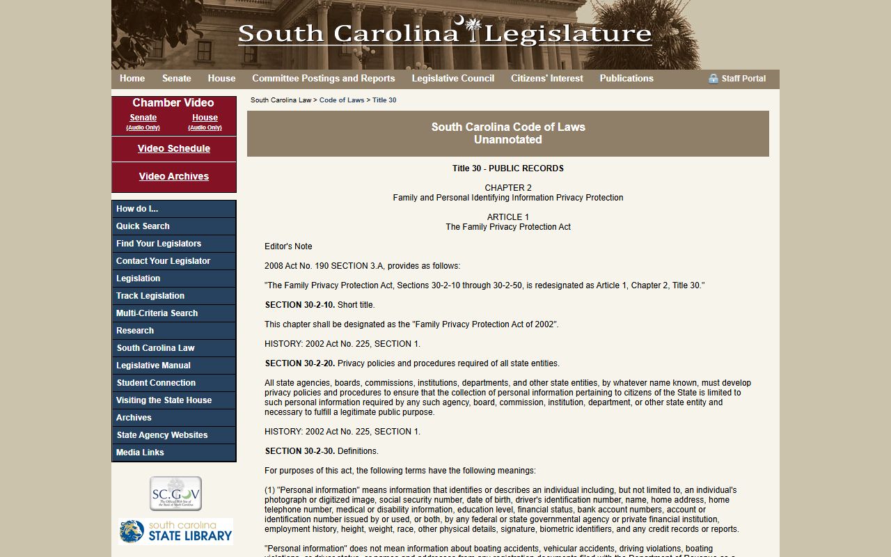 South Carolina Family Privacy Protection Act Title 30 Chapter 2 limiting use of Greenville County public records