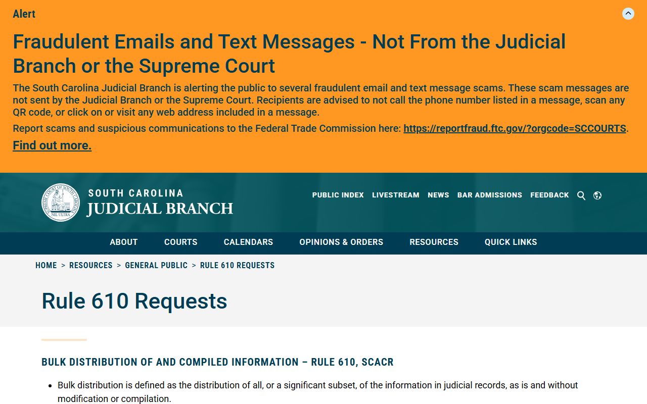 South Carolina Rule 610 bulk judicial records request page for Greenville County public records