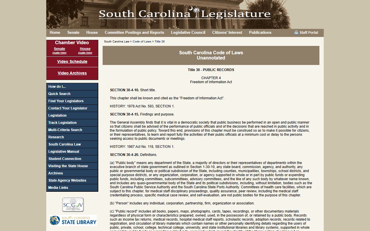 South Carolina Freedom of Information Act Title 30 Chapter 4 governing Greenville County public records