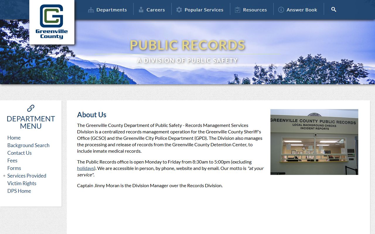 Greenville County Public Safety Records Management Division page for arrest and jail public records