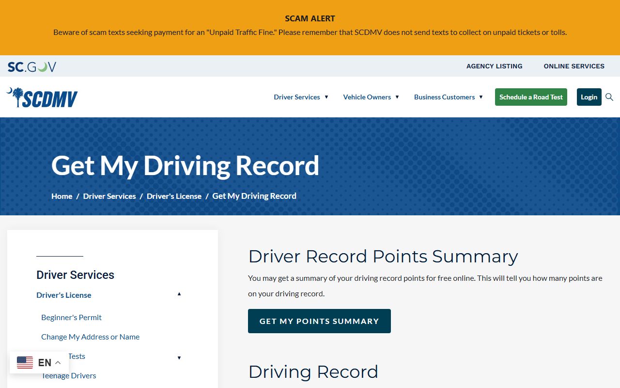 SCDMV driving record page, the state driver record separate from Greenville County traffic court records