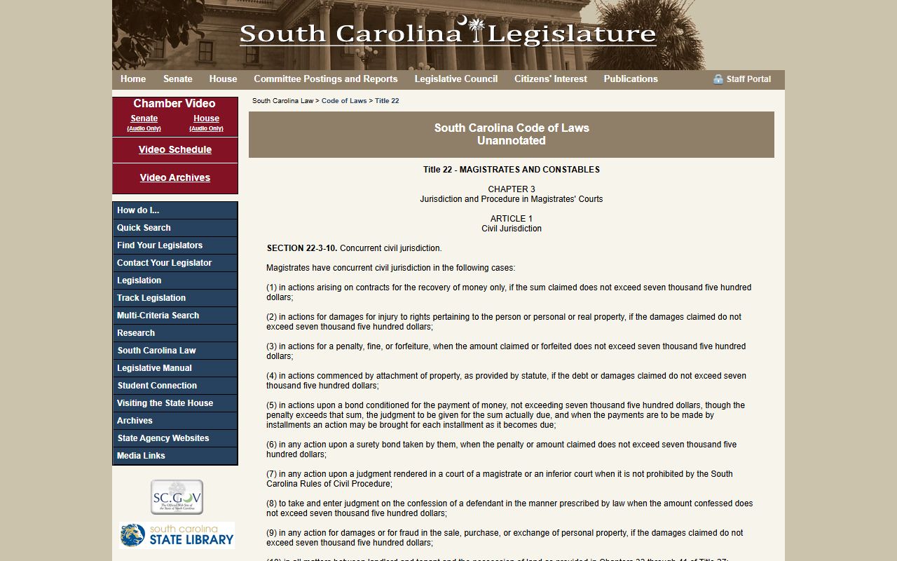 South Carolina Code Title 22 Chapter 3 magistrate jurisdiction for Greenville County warrant records